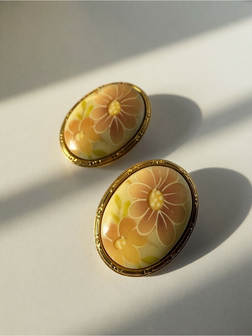 Vintage 1928 Floral Clip On Earrings Gold Tone Oval Cottagecore